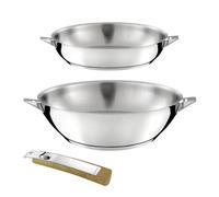 Eclipse - Lot de 1 poêle 24 cm et 1 wok 28 cm finition miroir avec poignée effet bois clair