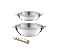 CUISINOX - ECLIPSE - Lot de 1 poêle 24 cm et 1 wok 28 cm finition miroir avec poignée effet bois clair