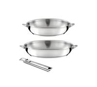 CUISINOX - Eclipse - Lot 2 poêles inox 24-28 cm et poignée inox - Fond encapsulé - Compatible tous feux dont plaques à induction et four - Acier Inoxydable 18/10 - Finition miroir - Poignée Amovible