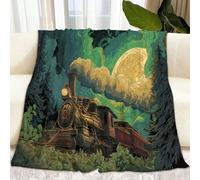Éclipse Lunaire Fantastique Couverture Flanelle Forêt Train 220 x 240 cm Douce Moelleuse Flanelle Couverture de Lit, Vert Plaid Polaire Jeté de Canapé Convient Adultes et Enfants Chaud en Hiver