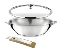 Cuisinox - Eclipse - Wok 28 cm tout inox - Fond encapsulé - Compatible tous feux dont induction - Acier Inoxydable 18/10 - Finition miroir - Poignée amovible effet bois