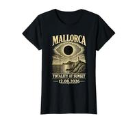 Éclipse Solaire de Majorque 2026 - Coucher de Soleil sur Bois T-Shirt Graphique avec Valeur, Femme, Noir, S