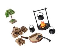ECMQS Accessoires miniatures pour feu de camp d'extérieur avec pots en fer | Accessoires de présentation de scène à l'échelle 1/12 avec flamme de simulation et feux de camp en bois