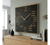 ECO Digits Grande horloge murale en bois, forme carrée, silencieuse, aspect bois, pour salon, chambre à coucher, fabriquée en UE (noire, 60 cm)