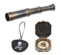 Eco-Fused Télescope et Boussole Cosplay avec Cache-œil sur Le thème des Pirates - Décor d'accessoires de fête rétro Antique (Télescope, Accessoire Boussole et Cache-œil)