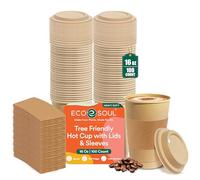ECO SOUL Lot de 100 tasses à café jetables de 473,6 g avec couvercles et manches, respectueuses de l'environnement, biodégradables, compostables, sans fuite et robustes pour thé, fête au chocolat