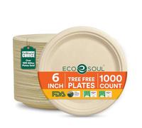 ECO SOUL Lot de 1000 petites assiettes à dessert jetables en carton compostables de 15,2 cm - Robustes, bagasse naturelle, résistantes aux fuites, passent au micro-ondes, respectueuses de