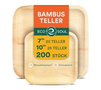 ECO SOUL Lot de 200 assiettes carrées en bambou de 17,8 cm et 25,4 cm en forme de feuille de palmier, ensemble de vaisselle jetables en vrac, compostables et biodégradables, pour restauration, mariage
