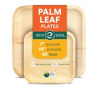 ECO SOUL Lot de 50 assiettes carrées compostables en forme de feuille de palmier de 17,8 et 25,4 cm - Biodégradables - Respectueux de l'environnement - Passe au micro-ondes et au four