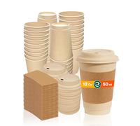 ECO SOUL Lot de 50 tasses à café jetables 100 % compostables avec couvercles et manchons - 355 ml - Tasses jetables en bagasse | Tasses robustes et respectueuses de l'environnement pour cafés, fêtes,