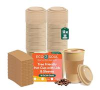ECO SOUL Lot de 50 tasses à café jetables 100 % compostables avec couvercles et manchons - 355 ml - Tasses jetables en bagasse | Tasses robustes et respectueuses de l'environnement pour cafés, fêtes,