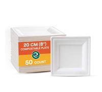 ECO SOUL Pearl White Square Lot de 50 assiettes en carton jetables et 100 % compostables, respectueuses de l'environnement, 20 cm, pour le camping, le micro-ondes et le four