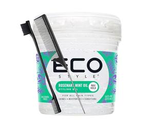 Eco Style Gel coiffant à l'huile de romarin et à l'huile de menthe 473 ml avec peigne à queue et brosse pour les bords, restaure l'humidité, favorise un cuir chevelu sain, une tenue et une brillance