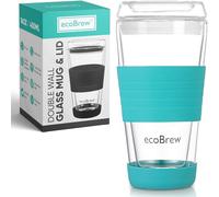 ecoBrew Tasse à café en verre à emporter, à double paroi isolante, 450 ml, en céramique, avec couvercle, réutilisable, pour le voyage, bleu sarcelle