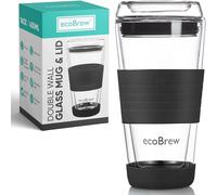 ecoBrew Tasse à café en verre à emporter, à double paroi isolante, 450 ml, en céramique, avec couvercle, réutilisable, pour le voyage, noir