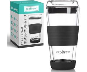 EcoBrew Verre à double paroi en verre de 16 onces avec couvercle, tasse de voyage en verre, adaptée au lave-vaisselle et au micro-ondes, verre à café transparent à emporter, tasse en céramique