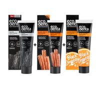 Ecodenta Lot de 3 dentifrices blanchissants noirs : charbon actif (orange), cannelle (noir), sans fluor, 3 x 100 ml
