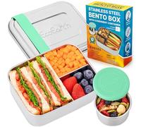 EcoEarth - Boîte Bento en acier inoxydable - 800 ml, Vert - Boîtes à déjeuner étanches pour adultes avec 3 compartiments - Petits récipients en fer blanc avec gobelets à condiments