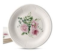 ECOFIESTA 24x assiette en carton pour anniversaire 23 cm roses & eucalyptus - vaisselle jetable anniversaire sans plastique et recyclable - déco evjf