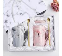 Ecofocet 2 Pcs Ensemble de tasses à café Mr et Mrs,400ml Tasses de Couple,Cadeau anniversaire mariage,Marbre Céramique Amoureux Mug,avec couvercle et cuillère,boîte cadeau,Pour Valentin,Mariage