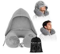 Ecofocet Air Oreiller de Voyage Gonflable Avion, Coussin Cervical avec Capuche Amovible, Tour de Cou Avion Ergonomique Doux et Lavable, Coussin Voyage Portable pour Voiture, Train et Bureau (U-Shape)