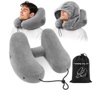 Ecofocet Air Oreiller de Voyage Gonflable Avion, Coussin Cervical avec Capuche Amovible, Tour de Cou Avion Ergonomique Doux et Lavable, Coussin Voyage Portable pour Voiture, Train et Bureau (H-Shape)