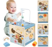 Ecofocet Cube d’Activités Bébé 6 en 1 en Bois, Jouet Montessori Éducatif avec Labyrinthe de Perles, Formes, Puzzle et Miroir, Jouet Éveil Motricité dès 12 Mois, Cadeau Garçon Fille