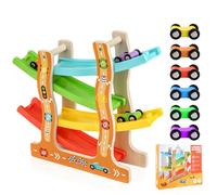 Ecofocet Rampe de Course en Bois avec 6 Voitures, 4 Niveaux, Jouet Montessori pour Enfants de 1 à 3 Ans, Jouet Éducatif en Bois pour Tout-Petits, Développement Motricité Fine, Cadeau Garçons et Filles