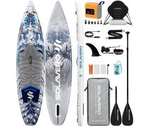 EcoFurnix Paddle Gonflable 380x83cm - Stand Up Paddle avec Gonfleur Électrique & Pagaie Double - 2 Places Extra Large SUP - Gris