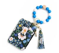 EcoGleam Petit porte-cartes bohème pour femme avec bracelet perlé, porte-cartes, pompons, perles, porte-clés, bleu foncé, 12 cm x 8,5 cm, Moderne