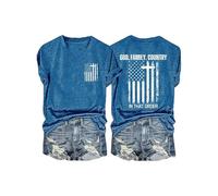 EcoGleam Pull à manches courtes pour femme avec inscription « God Family Country in That Order Faith », bleu, 3XL