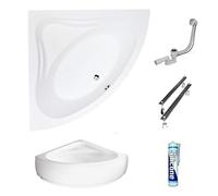 ECOLAM Baignoire d'angle symétrique Mia 140x140cm + tablier | pieds siphon silicone | Belle forme | Set complet