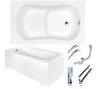 ECOLAM Baignoire rectangle Aria Rehab avec assise 120x70 cm | tablier en acrylique | 2x poignées | pieds siphon + silicone | Baignoire en acrylique blanc | set complet