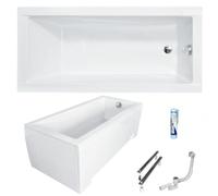 ECOLAM Baignoire rectangulaire acrylique blanche moderne 130x70 cm | Tablier acrylique | Pieds siphon et silicone | Petite baignoire | Set complet