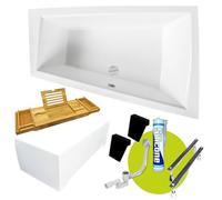 ECOLAM Baignoire trapézoïdale pour deux Intima Duo 180x125 cm droite | tablier acrylique | 2x appuie-tête noir | Planche en Bambou | siphon silicone + pieds