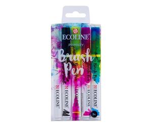 Ecoline Set de stylos pinceaux 5 couleurs primaires | Palette de base avec noir et stylo mélangeur | Parfait pour lettrage, aquarelle et croquis