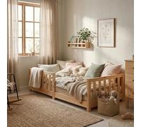ecoMI Lit Enfant Bois Pin Massif, Naturel, 80x160 cm | Barrière de Sécurité, Sommier à Lattes