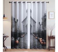 Économie d'Énergie Gris Rideau Occultant Mystérieux Citrouille Église bloquant la Chaleur à œillets pour Chambre d'enfant 132x214 CM (2 Panneaux)