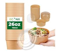 ECONX Lot de 20 bols à salade jetables en papier kraft de 750 ml avec couvercles pour aliments chauds et froids - Étanches - Pour entreprise, restaurant