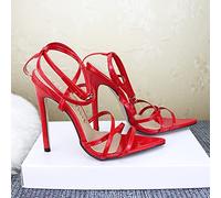 Ecoodisk Chaussures d'été à talons hauts de 10 cm pour femmes, escarpins à bride croisée à la cheville, chaussures pour femme, bout ouvert, talons hauts, chaussures de fête habillées Femme-rouge, 38