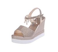 Ecoodisk Sandales compensées pour femme avec perles cloutées et sangle à boucle à bout ouvert et fond épais
