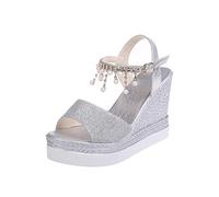 Ecoodisk Sandales compensées pour femme - Sandales d'été à perles cloutées - Sandales à plateforme - Sangle à boucle - Bout ouvert - Fond épais - Chaussures décontractées pour femme - Argenté 1, 34