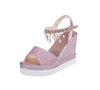 Ecoodisk Sandales compensées pour femme - Sandales d'été à perles cloutées - Sandales à plateforme - Sangle à boucle - Bout ouvert - Fond épais - Chaussures décontractées pour femme - Rose 1, 35