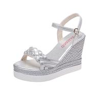 Ecoodisk Sandales compensées pour femmes chaussures d'été sandales à plateforme pour femmes chaussures à boucle femme à enfiler à bout ouvert tissage dames décontractées argent,35