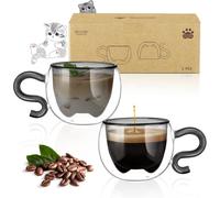 ecooe 130 ml Noir Mignon Chat Verres à Café à Double Paroi Tasses à Expresso Lot de 2, Verre Tasse de Chat Cadeau d'Anniversaire Cadeaux pour Femmes, Hommes, Verres à Expresso pour Café Glacé et Lait