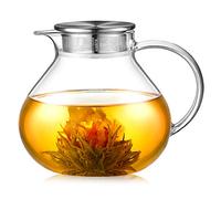 ecooe 1400ml Théière en Verre avec 2 en 1 Passoire Couvercle,Théière en Verre Clair Résistant à la Chaleur,Théière à Fleurs en Borosilicate,pour Boissons Froides et Chaudes Poêle à Feu Ouvert