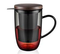 ecooe 440 ml à thé en Verre Noir Borosilicate, avec Tamis Ultra Fin en Acier Inoxydable 18/10, Couvercle en bambou naturel, Plus épais pour café, jus, lait, yaourt