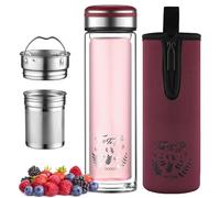 ecooe 440ml Bouteille Double Verre paroi à thé avec Seib Gourde avec passoire en Filtre Acier Inoxydable 18/8 et pochette de protection, Pour Thé,Café, jus et Milkshake