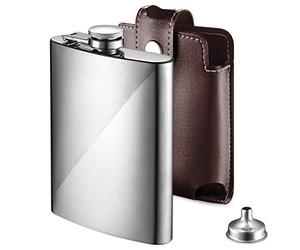 ecooe Flasque À Alcool en Acier Inoxydable, Hip Flask Flasque de Whisky 227ml / 8oz, Flacon de Hanche Portable Avec Entonnoir et Pochette Cuir Synthétique, pour Voyage Pêche Camping (Marron)