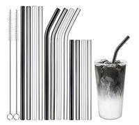Ecooe Lot de 12 pailles en verre réutilisables sans BPA - 4 longues + 4 droites courtes + 4 à cocktail incurvées avec 2 brosses de nettoyage, Pour smoothies et lait